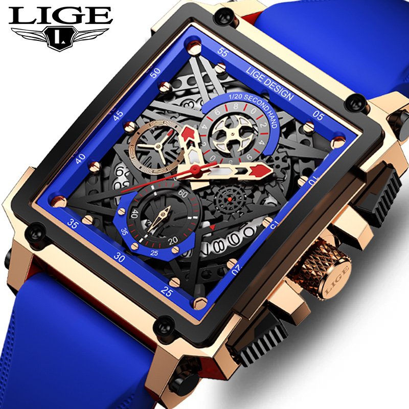 Silicone Band Replacement - Lige-メンズスポーツクロノグラフ腕時計、アーミーシリコンストラップ、スクエアクォーツ、ストップウォッチ、メンズウォッチ