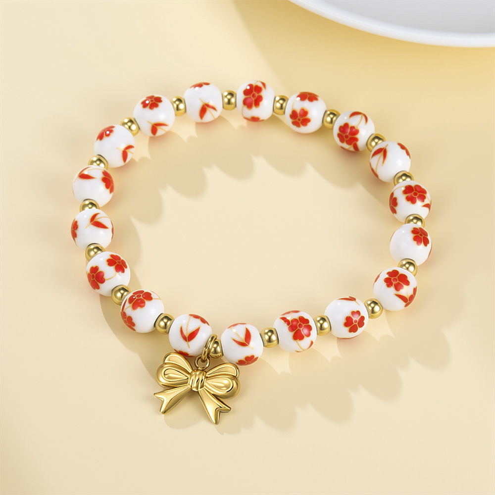 Ceramic Link Bracelet - カラフルなセラミックビーズブレスレット女性用ボウチャームボヘミアンフラワープリントビーズスタッカブルブレスレットジュエリーギフト防水