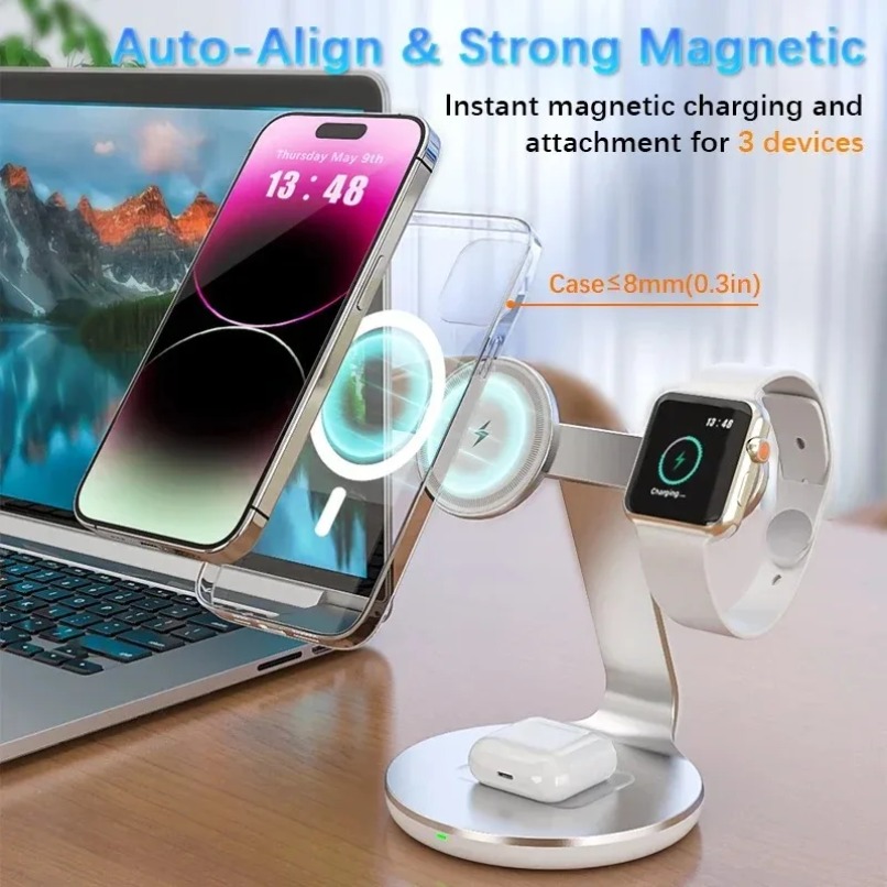 3in1ワイヤレス充電スタンド 360度回転 3つの充電ポー - Wireless Charger Watch のレビューと価格