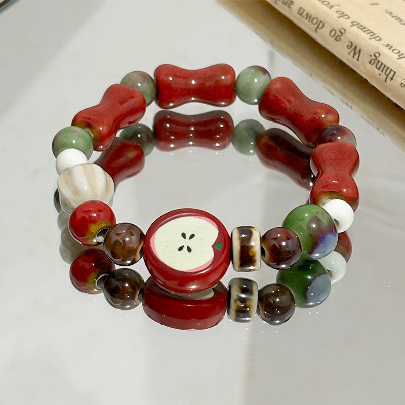 レトロ模造アップルセラミックビーズブレスレットかわいいカラー - Ceramic Link Bracelet のレビューと価格